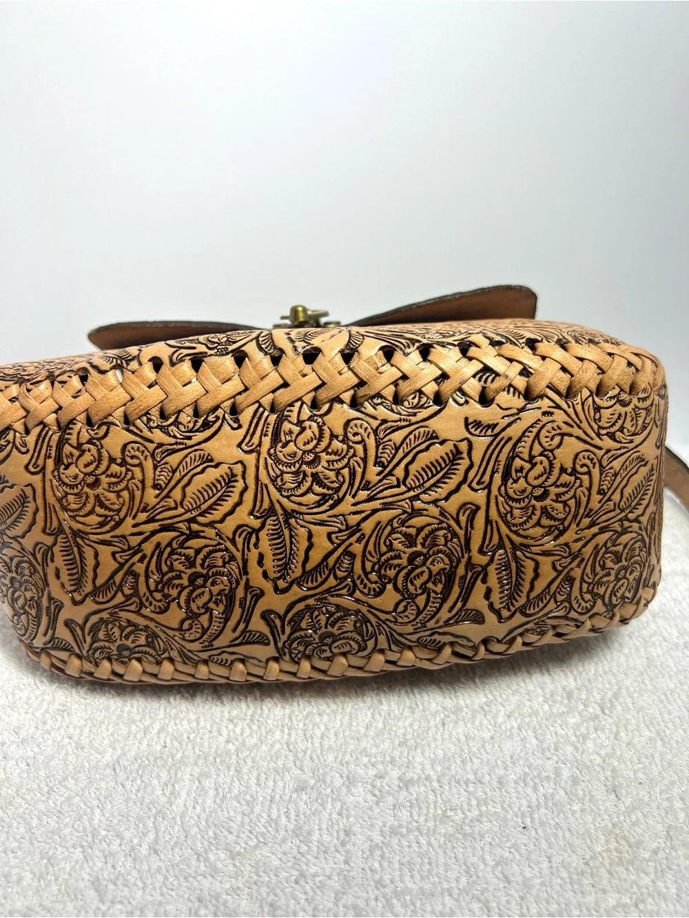 Tooled Leather Embossed Floral Saddle Bag Braided Handcrafted Western Boho